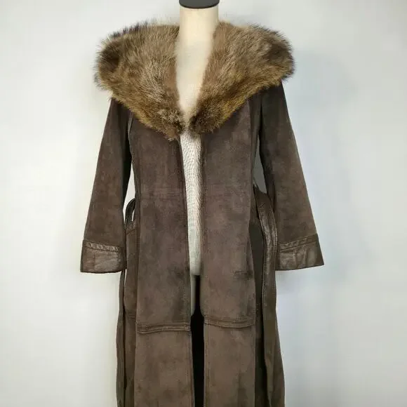 70s Real Fur Collar Suede Trench Coat Vintage Brown Long Boho Penny Lane Belt